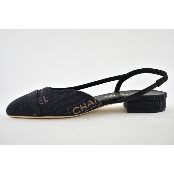 Chanel 22P Mademoiselle Coco Sling Black Grey Denim Slingback Ballet Flat 37.5 - Picture 6 of 7